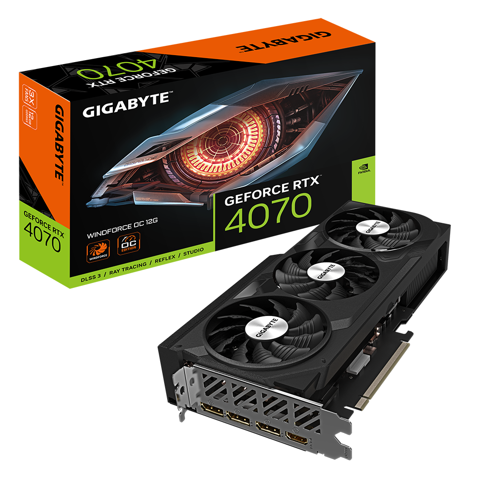 RTX 4070 12GB GDDR6X 3FAN GIGABYTE – TARJETA DE VIDEO – UPC 889523040614